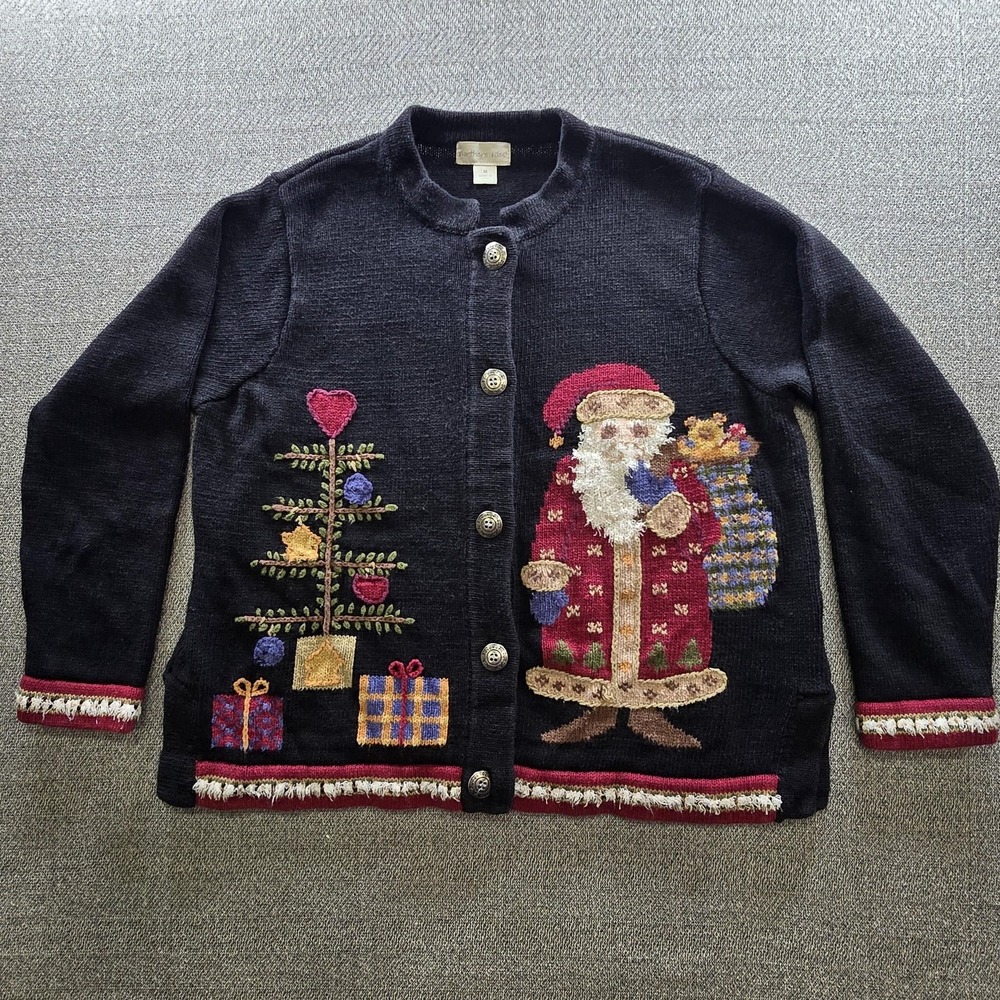 Northern Isles Sweater Womens Medium Black Santa Christmas Tree Cardigan Ugly